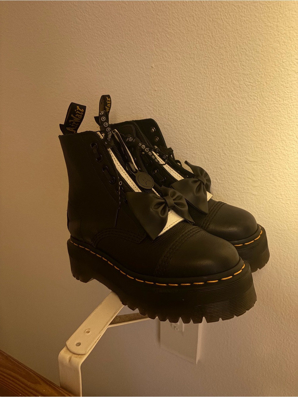Dr. Martens Black Platform Lace-Up Boots with Bow Accent